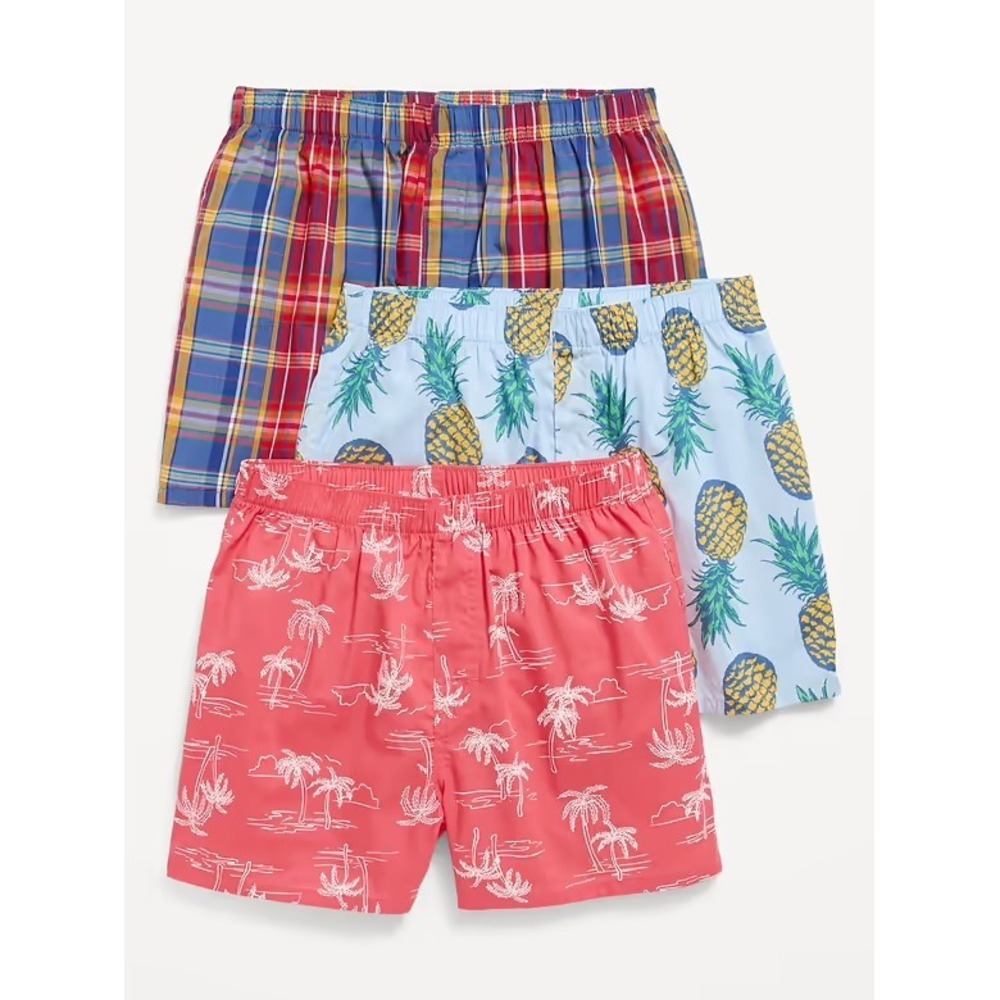 Old Navy Mens 3-Pack Boxers Small Pineapple Palm Tree Plaid Cotton Underwear NEW
